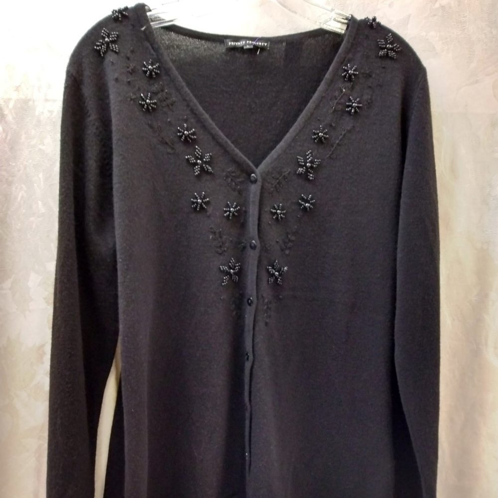 Size L Private Property Black Button up Beaded V Neck Sweater